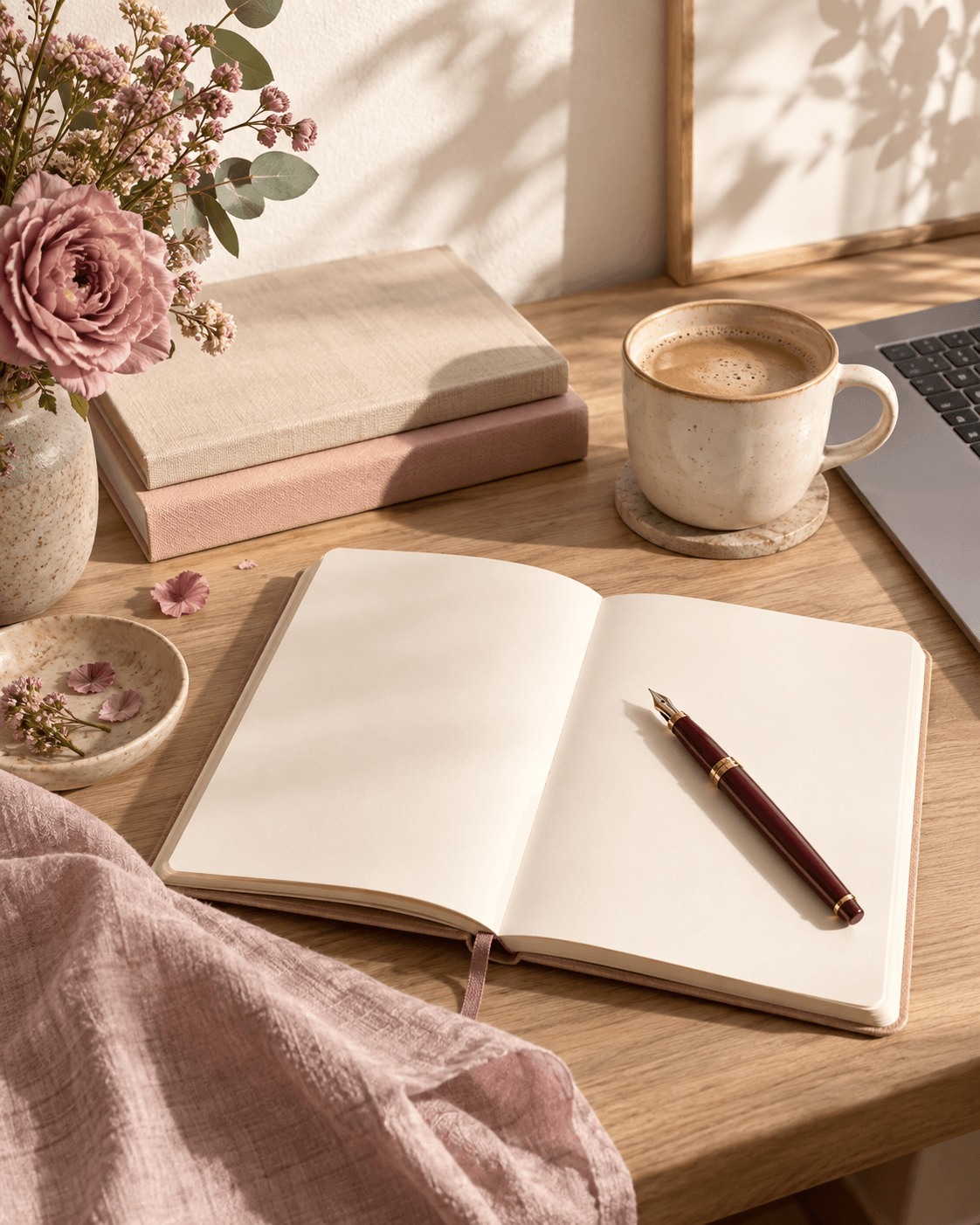 Jurnal deschis, cafea și flori într-un spațiu cald și liniștit